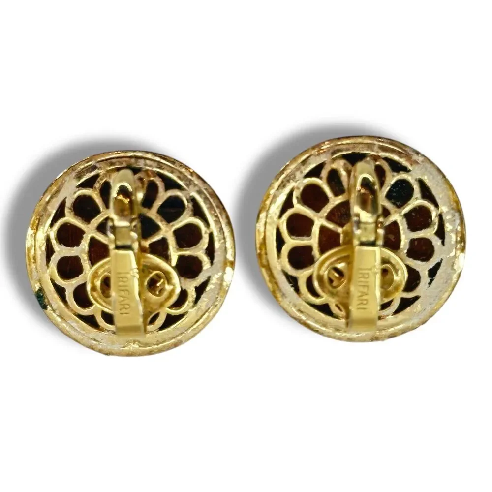 Vintage Crown Trifari Domed Earring Clip On Button Style Ribbed Gold Tone Signed
